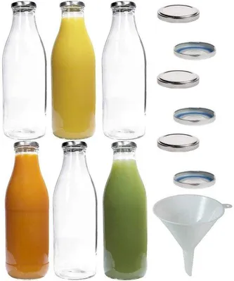 Productafbeelding van Set van 6 Glazen Melkflesjes 1 Liter met Schroefdoppen