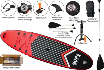 Produktbild von Stand Up Paddle Board Set, SUP, belastbar bis 140kg, 320 * 81 * 15cm inkl. Paddel, Handpumpe, Rucksack, Sicherungsschlaufe, Reparaturset