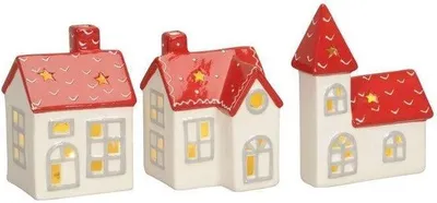 Produktbild von LED Haus Kirche 3erSet Keramik Weihnachten rot weiß H12 cm Weihnachtsdeko Deko
