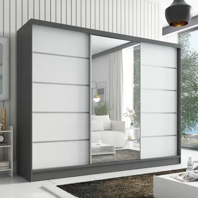 Produktbild von Schwebetürenschrank, 3-türig Schrank 200 cm mit Spiegel AURELIA 1 (Graphit | Weiß )