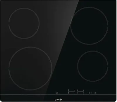 A top-down view of a black induction hob with four cooking zones and touch controls.