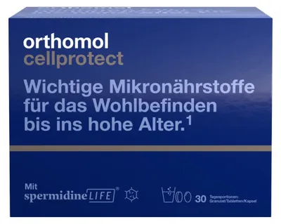 Produktbild von Orthomol Cellprotect - für das Wohlbefinden bis ins hohe Alter - mit Spermidin, Coenzym Q10 und Polyphenole - Granulat/Tabletten/Kapsel, 30 g Tagesportionen