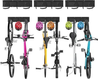 Produktbild von Fahrräder Wandhalterung für 6 Fahrräder + 5 Helme, verstellbare Stauhaken für Garage oder zu Hause, Vertikaler Fahrradanhänger, Platzsparend, 3 R