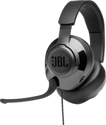 A black and gray JBL gaming headset with a microphone.