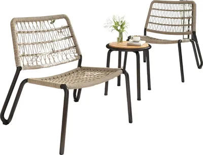 Image de set bistrot 3 pièces pour balcon et jardin - Chaises tissées à la main en matériau résistant aux UV avec cadre en acier galvanisé - Table en bois massif - Empilable - charge maximale 160 kg