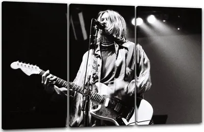 Produktbild von Leinwandbild 3-teilig (120x80cm): Kurt Cobain on stage Nirvana Kult-Bild schwarz weiss Legende, echter Holz-Keilrahmen inkl. Aufhänger, handgefertigt in Deutschland