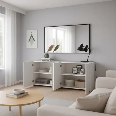 Produktbild von Kommode Dficarell, Wohnzimmerbuffet, Wohnzimmer-Sideboard, Moderne Küchen-Speisekammer, Italy, 180x38h79 cm, Glänzendes Weiß