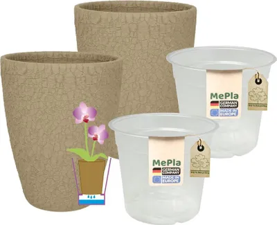 Produktbild von MePla - 2 Stück - Orchideenübertopf 500 lizzard ø 14 Taupe + Pflanztopf Orchidee ø 12