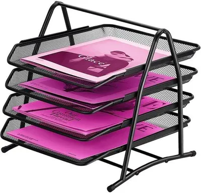 Zdjęcie produktu dla Organizer biurowy z 4 przegrodami – metalowe segregatory na dokumenty formatu A4 – biurkowa półka z 4 metalowymi przegrodami na dokumenty formatu A4 (czarna)