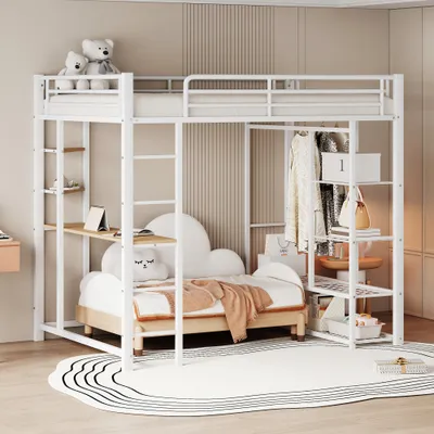 Obrázek produktu pro okwish loft bed patrová postel 140x200 cm s ochranou proti pádu, kovová postel dětská postel s psacím stolem a policí, železná postel mládežnická postel se žebříkem, bílá