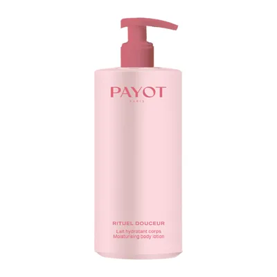 A pink pump bottle of Payot body lotion on a white background.