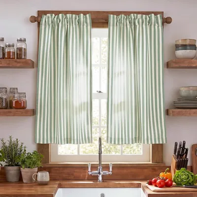 Image de Rideaux de cuisine courts - Aspect lin - Rayures vertes - Lot de 2