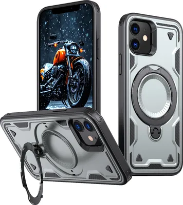 Produktbild von Dual Layer Hülle für iPhone 12/iPhone 12 Pro Metall Ring Ständer Magnetisch Stoßfest Militär Handyhülle Grau