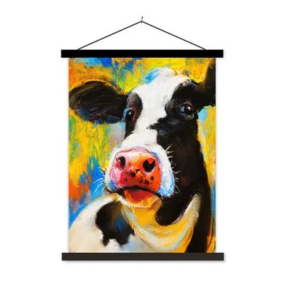 Produktbild von MuchoWow® Textilposter Gemälde - Ölfarbe - Kuh - Tiere 120x160 cm mit schwarzem Rahmen - Magnetischer