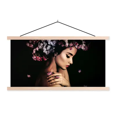 Produktbild von MuchoWow® Textilposter Blossom - Frau - Rosa - Luxus 150x75 cm mit holzfarbenen Rahmen - Plakate