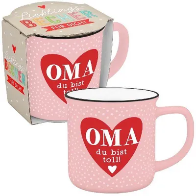 Produktbild von Becher in Emailloptik "Oma du bist toll!"