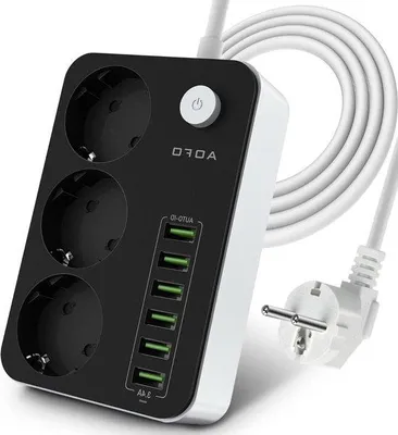 Productafbeelding van Schakelaar met 3 stopcontacten en 6 USB-poorten, kinderbeveiliging en overspanningsbeveiliging, 2 meter kabel