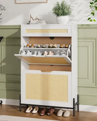 Produktbild von Schuhschrank 2 Ebenen schmal Schuhregal Schuhkommode Aufbewahrung 60x24x102 cm weiß