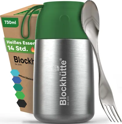 Produktbild von Blockhütte Thermobehälter für Essen 730 ml Dunkelgrün | Edelstahl Warmhaltebehälter Auslaufsicher, Suppen Thermo Essensbehälter mit Göffel, 14h Heiß,