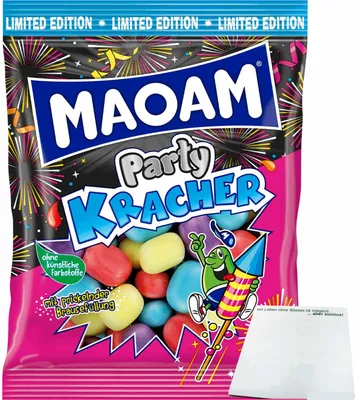 Produktbild von Haribo Maoam Party Kracher mit prickelnder Brausefüllung (200g Packung) + usy Block
