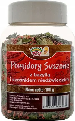 Zdjęcie produktu dla Suszone pomidory z bazylią i czosnkiem niedźwiedzim 100 g w praktycznej puszce