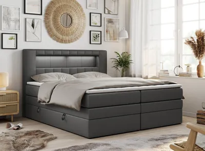 Produktbild von Boxspringbett mit LED Kopfteil und Topper - GOLD-5-KING - 180x200cm - Dunkelgrau - Mittelfest (H3)