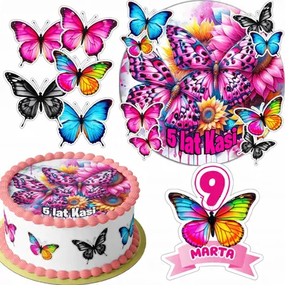 Produktbild von Zestaw Opłatek Na Tort 20Cm + 16 Postaci - Motyl + Imię 15Cm 18Cm
