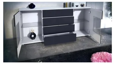 Produktbild von Sideboard Grömitz V2, Kommode mit 2 großen Türen und 4 Schubladen, Weiß matt/Sandgrau Hochglanz (166,5 x 75,5 x 35)