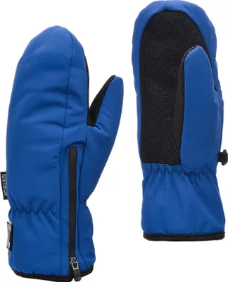 Two blue winter mittens are shown against a white background.