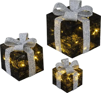 Produktbild von Bambelaa! 3er Led Deko Geschenke Leucht Boxen Timer Weihnachts Dekoration Weihnachtsdeko Beleuchtet Deko Weihnachten Schwarz-Silber