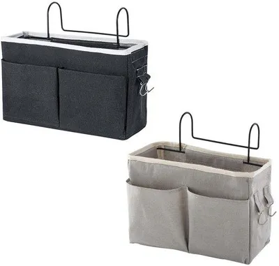 Productafbeelding van Unyqoos® Opvouwbare opbergtassen, set van 2, linnen-katoen, 30 x 19 x 10 cm, zwart/grijs, met meerdere vakken en waterdichte binnenvoering – geschikt voor slaapkamer en badkamer