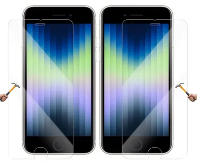 Two screen protectors are shown on top of two smartphones.