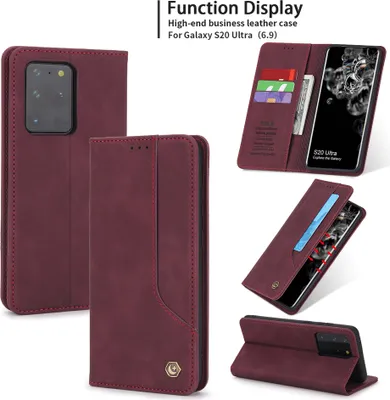 Produktbild von Galaxy S20 Ultra Hülle, LaimTop Retro Kunstledertasche Schutzhülle mit Kartenfach Standfunktion für Samsung Galaxy S20 Ultra Rot