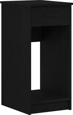 A black computer cabinet with a drawer and an open shelf.
