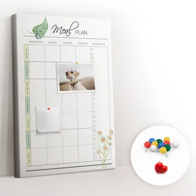 Imagen del producto de Tablero de corcho con chinchetas – Tablero con chinchetas para fotografías y notas – 60x40 cm – Chinchetas de colores, 100 unidades – Planificador de comidas