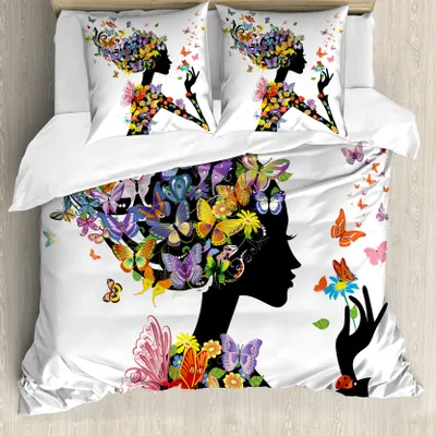Produktbild von ABAKUHAUS Schmetterlinge Bettbezug, Blumen mit Schmetterling, Milbensicher Allergiker geeignet mit Kissenbezügen, 200 cm x 200 cm - 80 x 80 cm, Mehrfarbig