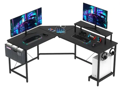 Immagine prodotto di Scrivania angolare - Scrivania per computer a L - Con prese di corrente e porte USB - Ripiano e mensola - Struttura in metallo - Nero