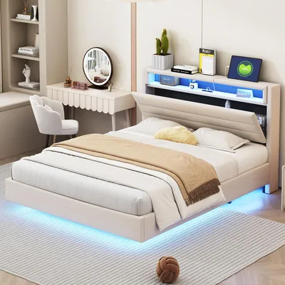 A bedroom scene featuring a bed with LED lighting, a vanity table, and a chair.