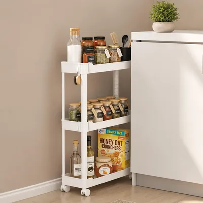 Productafbeelding van Roxlin rollende opbergwagen met 4 haken – Smalle opbergwagen met wielen voor keuken, badkamer, wasruimte en huishouden – Ruimtebesparend – 3 niveaus – Wit
