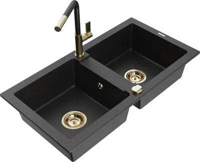 Produktbild von Mexen Mario 2-Becken-Granitspüle mit Mischbatterie Flora, Schwarz/Silbermetallic - 6504-73-670401-57-G
