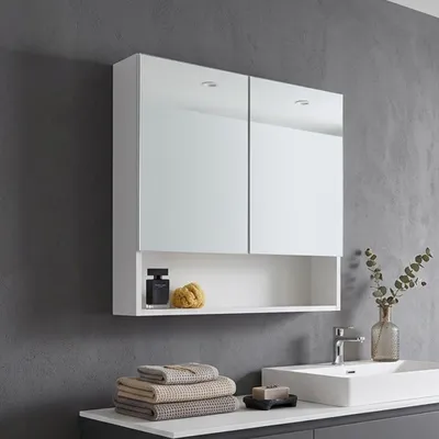 Immagine prodotto di Specchio contenitore bianco con due ante e vano a giorno 62cm