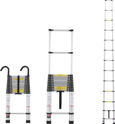 Three different configurations of a telescopic ladder are displayed against a white background.