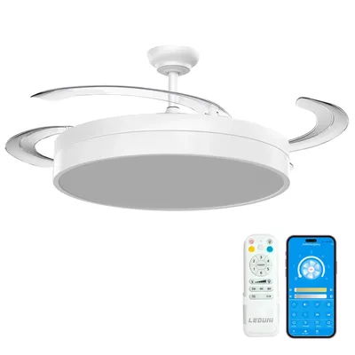 Produktbild von LEDUNI Deckenventilator mit LED-Licht Weiß Ø 50 cm, Fernbedienung + App, DC-Motor + LED, 66 W, 4 einziehbare Flügel, CCT, Leise. CCT 3000 K/4000 K/600