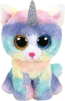 A stuffed toy unicorn cat with rainbow colors and large glittery eyes.