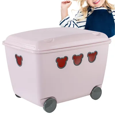 Image de Bac à jouets en plastique à roulettes, panier-coffre de 55 L, oursons roses