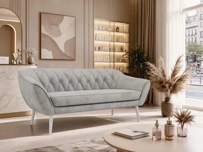 Produktbild von MKS MEBLE Skandinavisches Sofa 3-Sitzer, Sofa mit Wellenfederung, weiße Füße, Breite 180 cm Couch mit Holzbeinen - Hellgrau Velvet