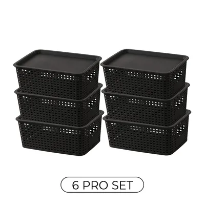 Produktbild von 6er Set Aufbewahrungskorb Dekobox mit Deckel, dekorativer Korb mit Tragegriffen zur Aufbewahrung für Badezimmer Küche und Wohnbereich, Schwarz