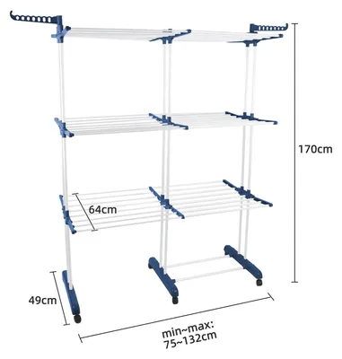 Produktbild von 3-in-1 Wäscheständer - Freistehender Wäscheturm - Klappbar - Ausziehbar - 3 Ebenen - Kohlenstoffstahl - Blau-Weiß