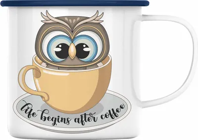 Produktbild von Trendation - Life Begins After Coffee Lustige Emaille Emaille Tasse für Kaffeeliebhaber Geschenk mit Spruch (Blau)