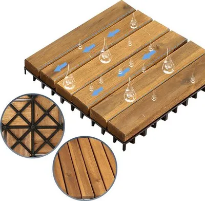 Zdjęcie produktu dla Houttegel (deska drewniana): 10 m² - 30x30 cm - 110 sztuk - Drewno akacjowe - Do balkonów, tarasów lub jako element dekoracyjny - Deski klick (łatwe w montażu) - Do łazienek - Szybki montaż - Kolor brązowy - Materiał: drewno - Deski tarasowe
